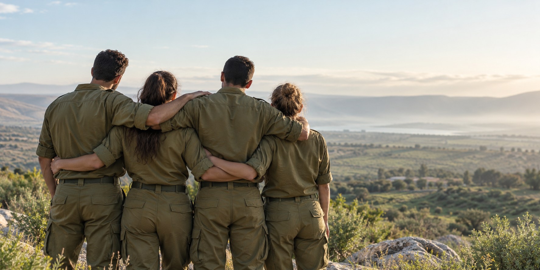 חיילים וחיילות מחובקים, מבט מאחור, באור שקט